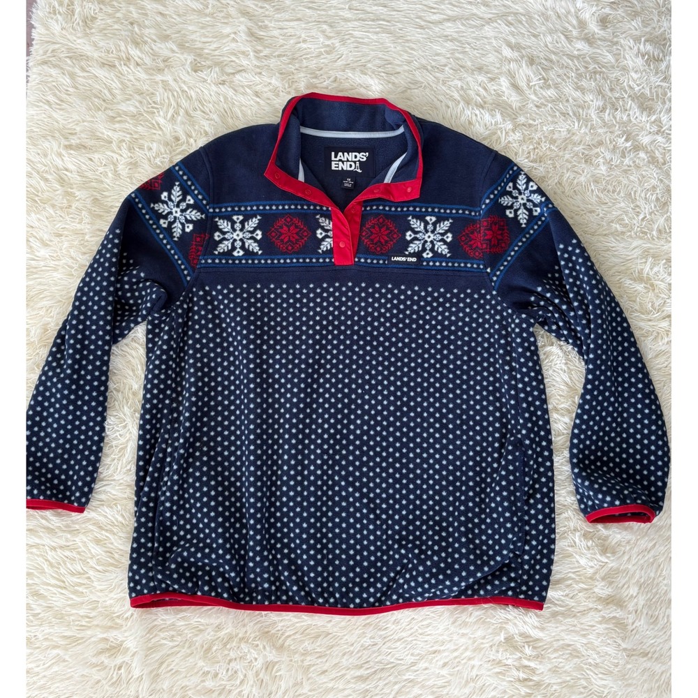 Lands' End Fleece Pullover 1X Snowflake Nordic Winter‎ Christmas Holiday